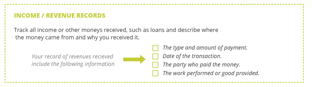 track your money by keeping income/revenue records