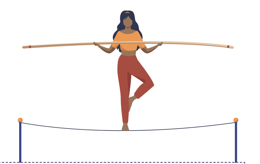 happiness in  business starts with balance. Woman balances on a tight rope