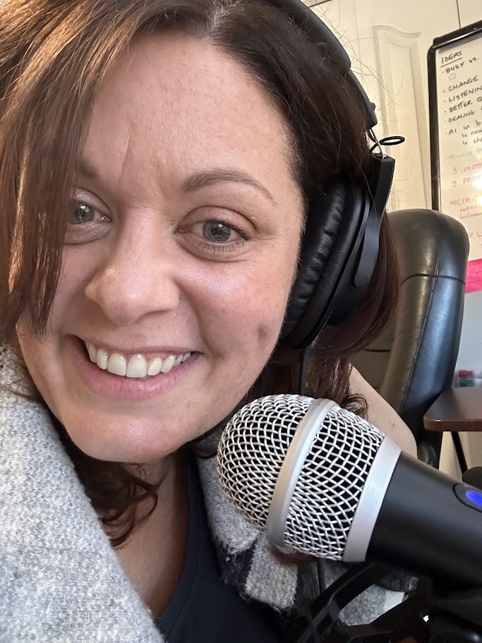 Kari Lotzien recording an episode of her podcast, Be the Anchor.
